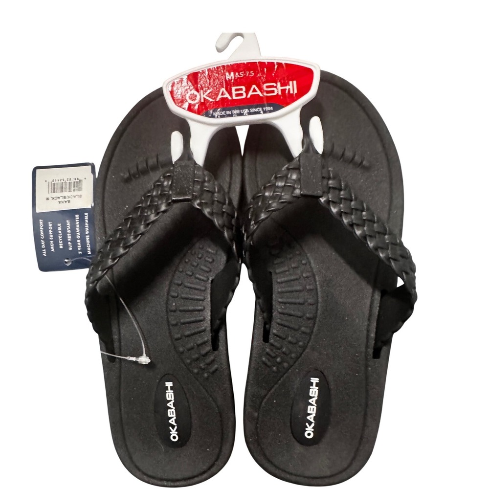 Okabashi Baha Black Braided Flip Flops Women Size M 6.5-7.5 Arch SUPP NEW USA